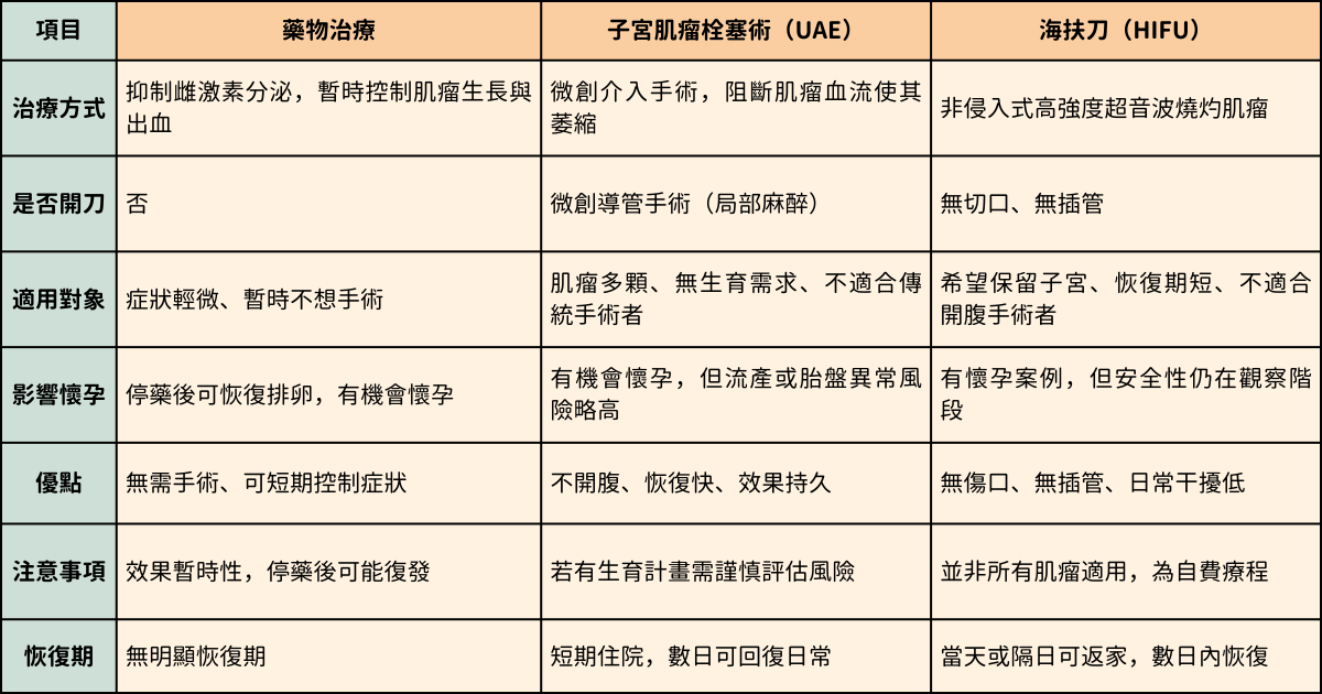 子宮肌瘤治療方式比較表